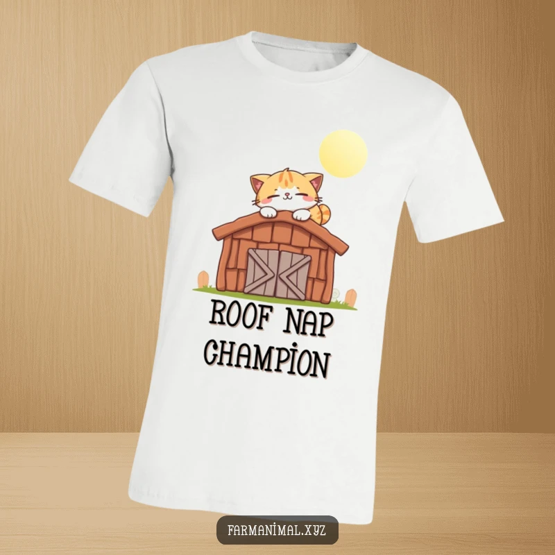 Funny cat t-shirt depicting a smiling cat character napping happily on a warm, sunlit barn roof.