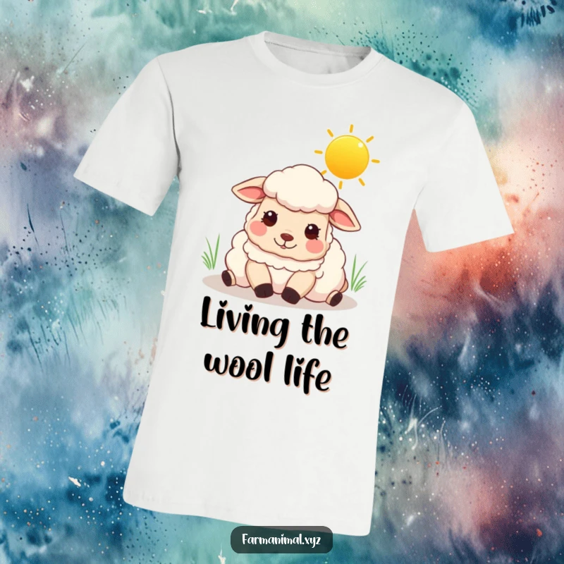 Funny sheep t-shirt depicting a content sheep lounging leisurely under a warm, sunny sky.