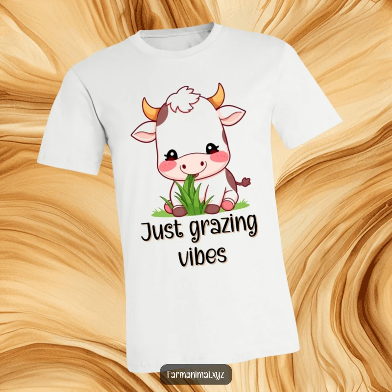Funny happy cow munching on grass with a content expression, featured on a comfortable t-shirt, a humorous and peaceful farm design.