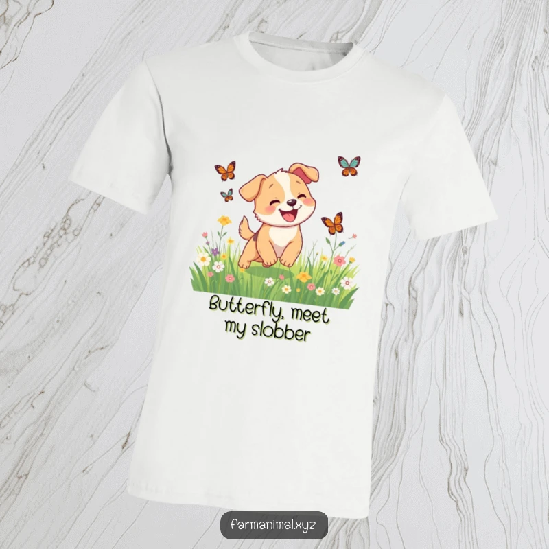 Funny happy dog leaping to catch butterflies in a meadow on a t-shirt, a scene of pure delight.