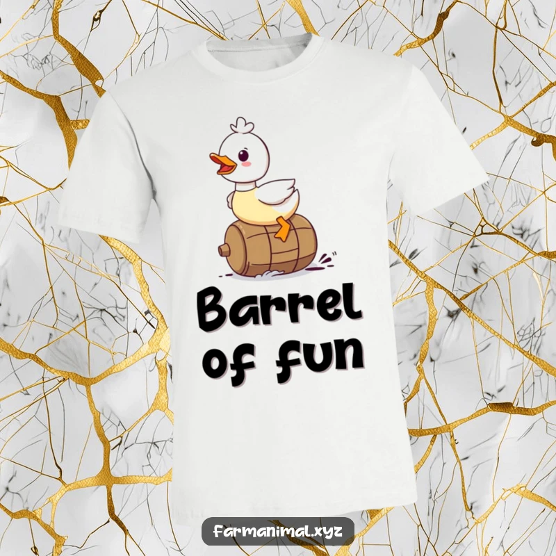 Funny Duck T-Shirt: A duck character gleefully riding on a rolling barrel, embodying pure excitement.