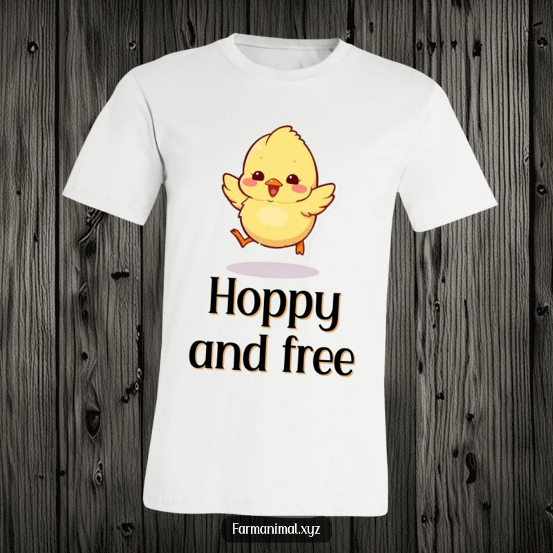 Funny chick t-shirt featuring a fluffy chick energetically hopping around with joyful abandon.