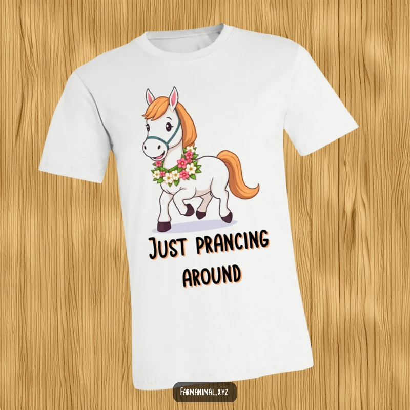 Funny Horse T-Shirt featuring a happy horse in mid-trot with a beautiful floral garland around its neck, radiating pure joy.