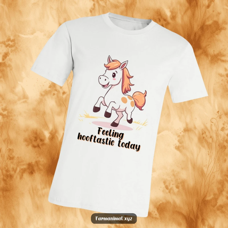 Funny Horse T-Shirt showing a smiling horse kicking up its heels in a pasture, vibrant and fun.
