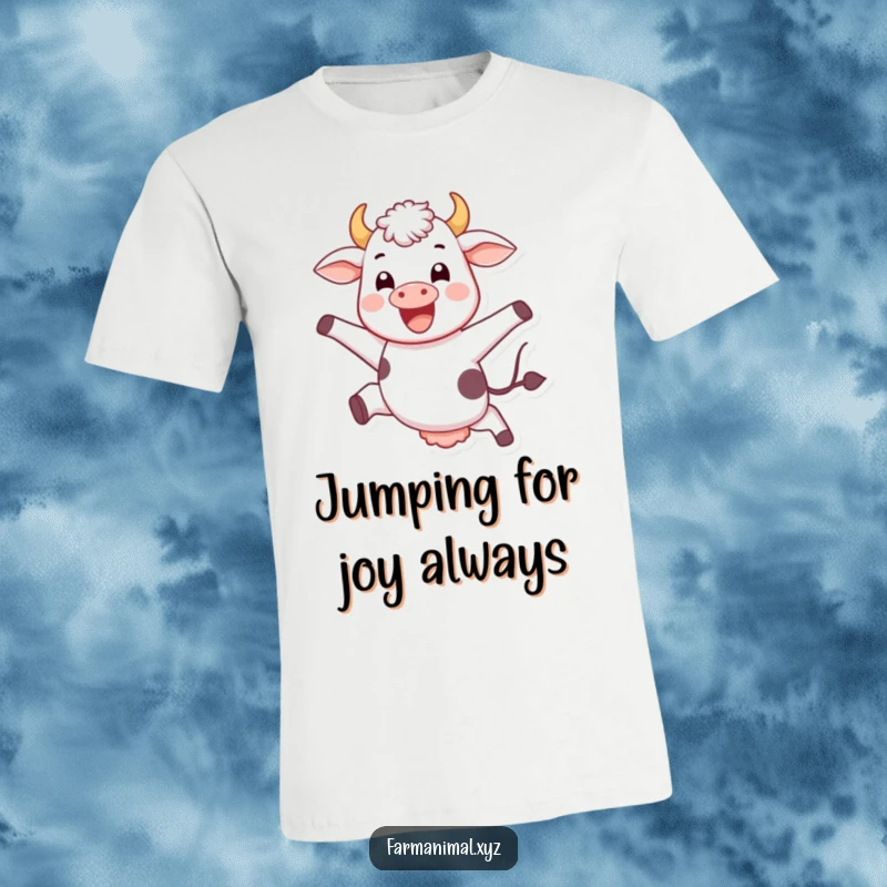 Funny jumping cow t-shirt, captured mid-leap with a wide, joyful smile, a humorous and energetic depiction of a farm animal.