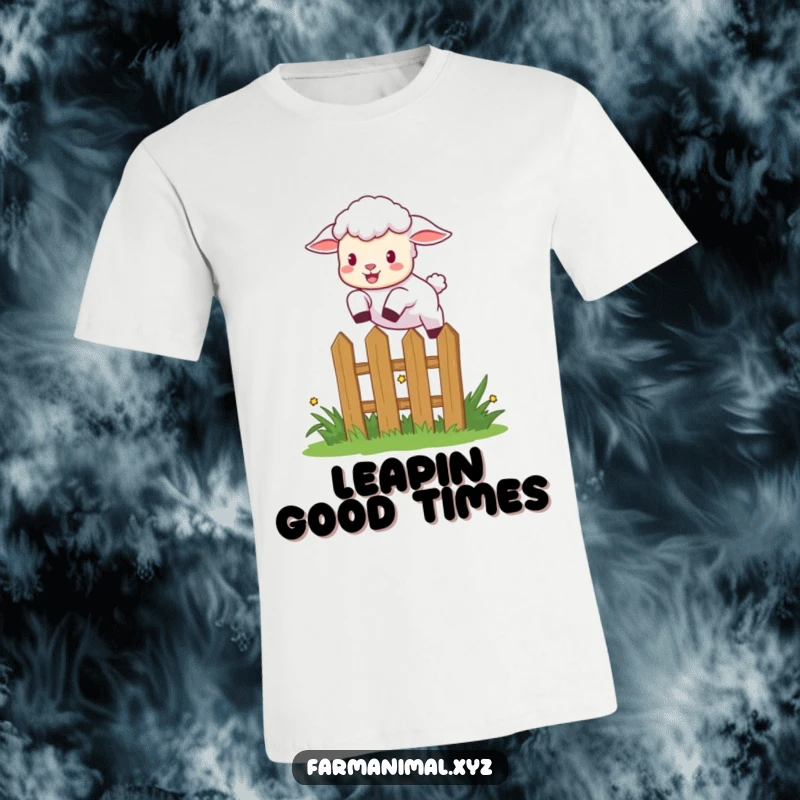 Funny lamb leaping over a small garden fence with excitement, a humorous and energetic t-shirt.