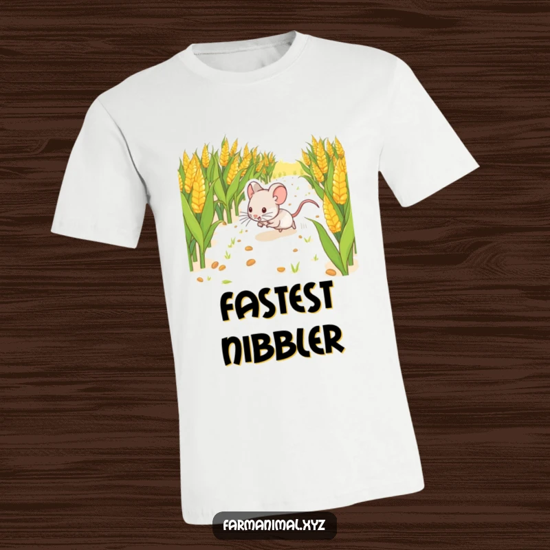 Funny Mouse Scurrying T-Shirt, depicting a happy mouse zooming through a cornfield, radiating pure joy and small-scale adventure.