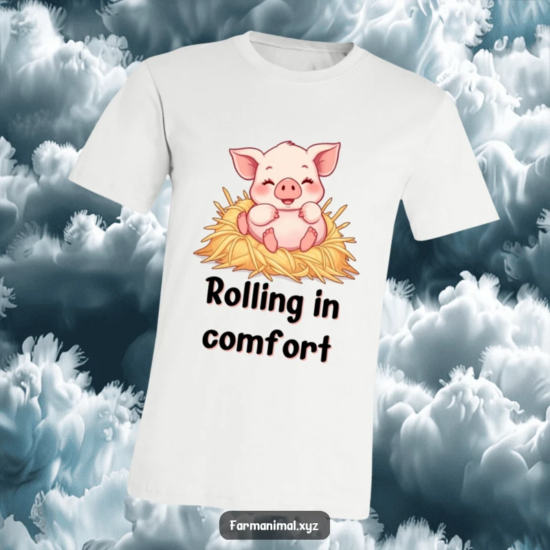 Funny piglet joyfully rolling in a pile of soft straw, a humorous and adorable t-shirt for pig enthusiasts.