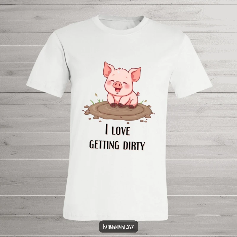 Funny piglet t-shirt gleefully rolling in a muddy puddle, covered in mud, expressing pure joy and freedom, a great gift.