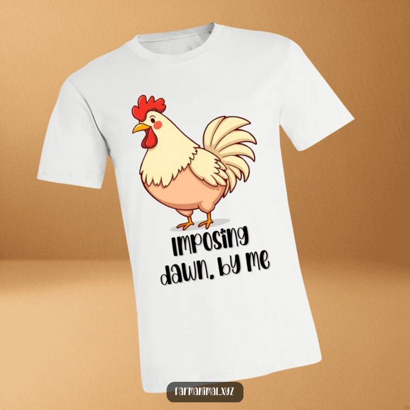 Funny rooster t-shirt depicting a smiling rooster crowing loudly, chest puffed out, exuding morning energy and farmyard charm.