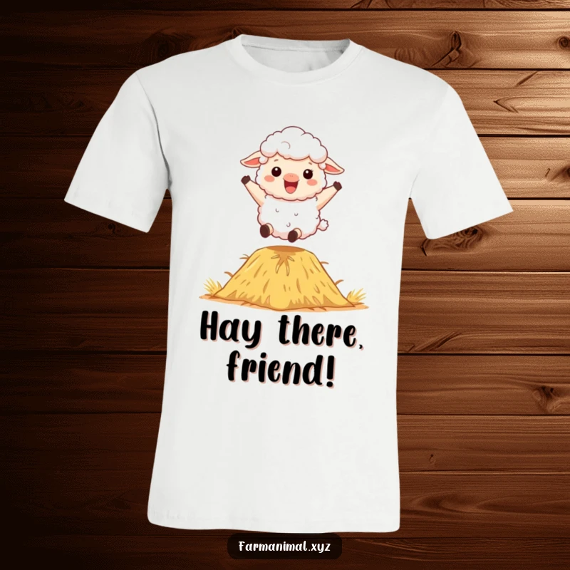 Funny Sheep T-Shirt: A fluffy sheep character energetically bouncing on a haystack, embodying pure excitement.
