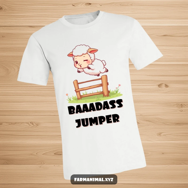 Funny sheep t-shirt featuring a determined sheep mid-leap over a fence, embodying playful ambition and farmyard spirit.
