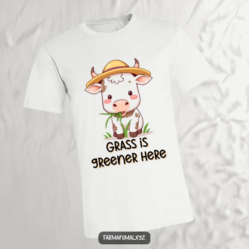 Funny Cow T-Shirt: A cow wearing a straw hat contentedly chews grass, embodying rural peace and simple joy.
