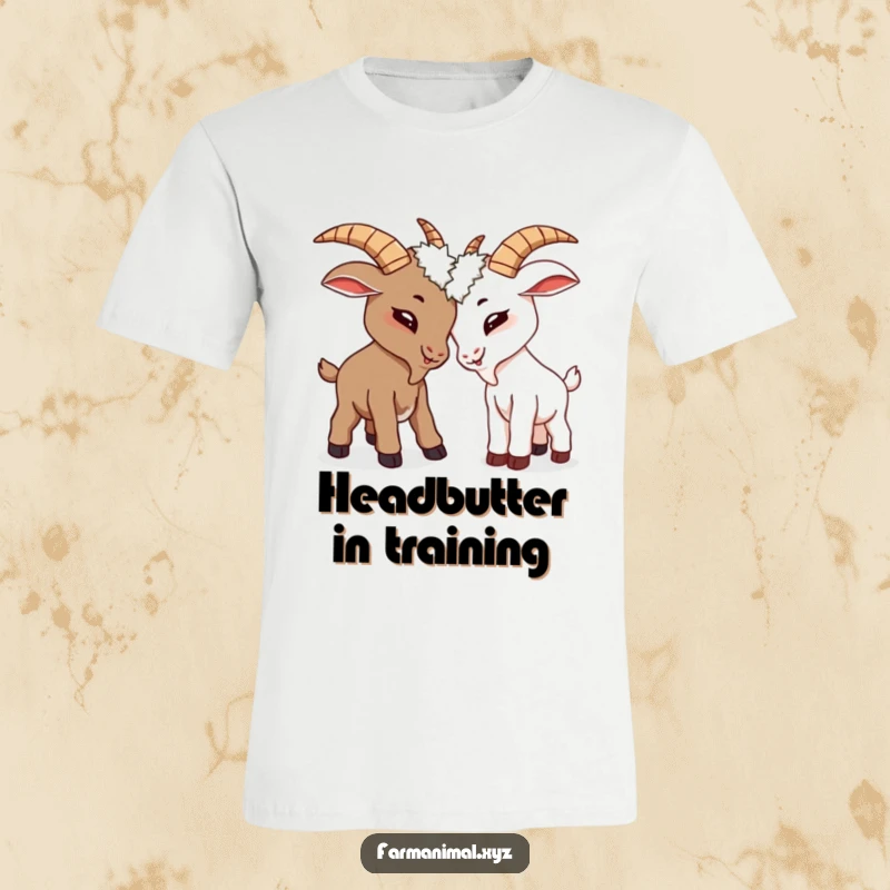Funny goats gently butting heads on a t-shirt, showcasing playful farm animal camaraderie.