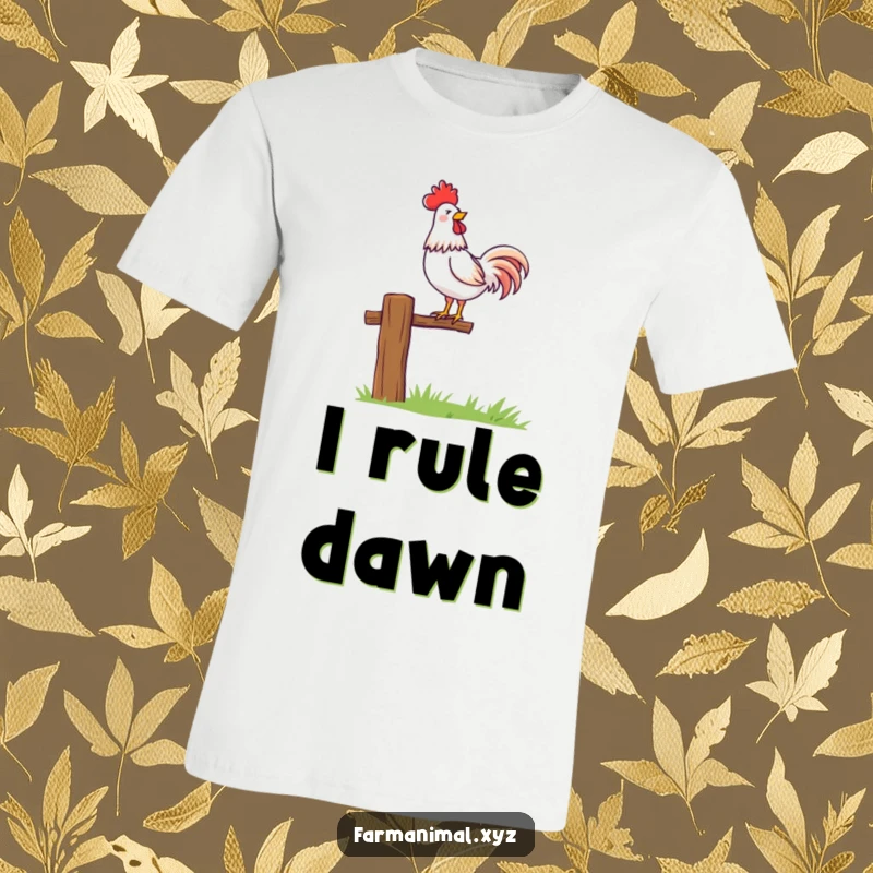 Funny rooster character proudly crowing atop a fence post, printed on a fun t-shirt. Captures morning energy.
