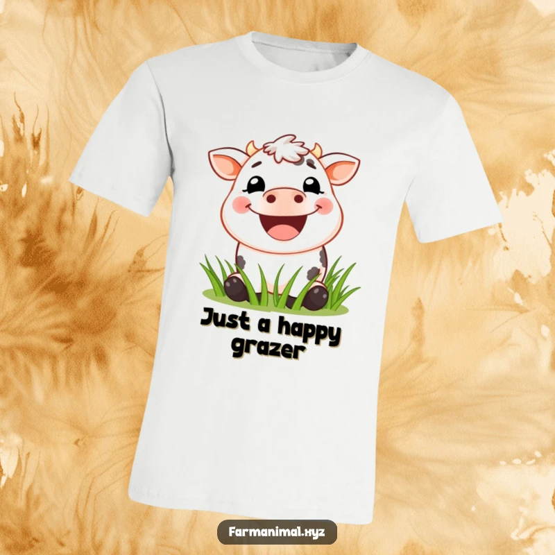 Funny Cow T-Shirt showcasing a jubilant cow with an enormous grin, enthusiastically munching on lush green grass in a sunny field.