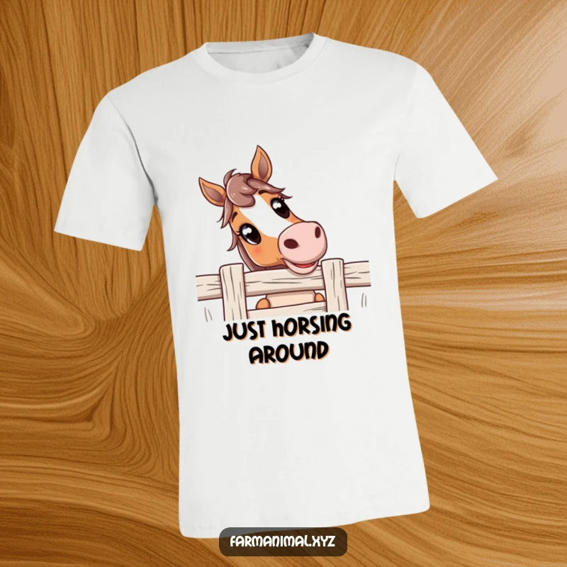 Funny Horse T-Shirt showcasing a curious horse with wide, expressive eyes peering over a fence, radiating friendly farm vibes.