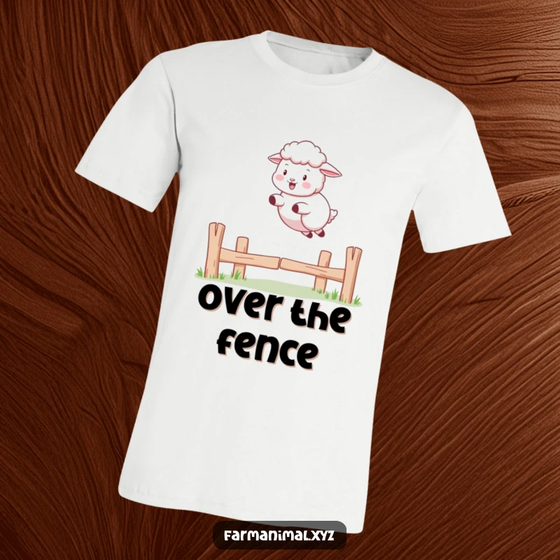 Funny Sheep T-Shirt: A sheep mid-air, playfully leaping over a small fence, embodying carefree joy and agility.