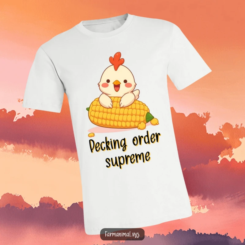 Funny t-shirt depicting an excited chicken enthusiastically pecking at an oversized corn cob.