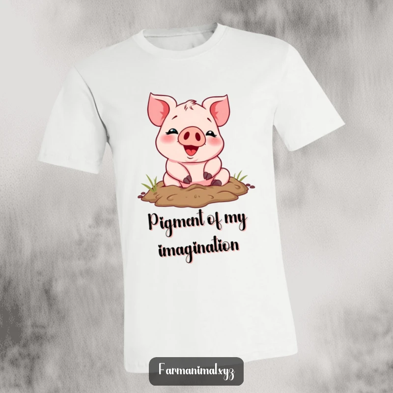 Funny cheerful piglet rolling joyfully in mud, featured on a comfortable t-shirt, a humorous and happy farm animal design.