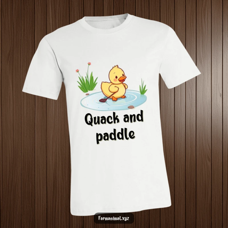 Funny duckling t-shirt featuring a happy duckling paddling energetically in a pond, embodying cheerful innocence and vibrant energy.