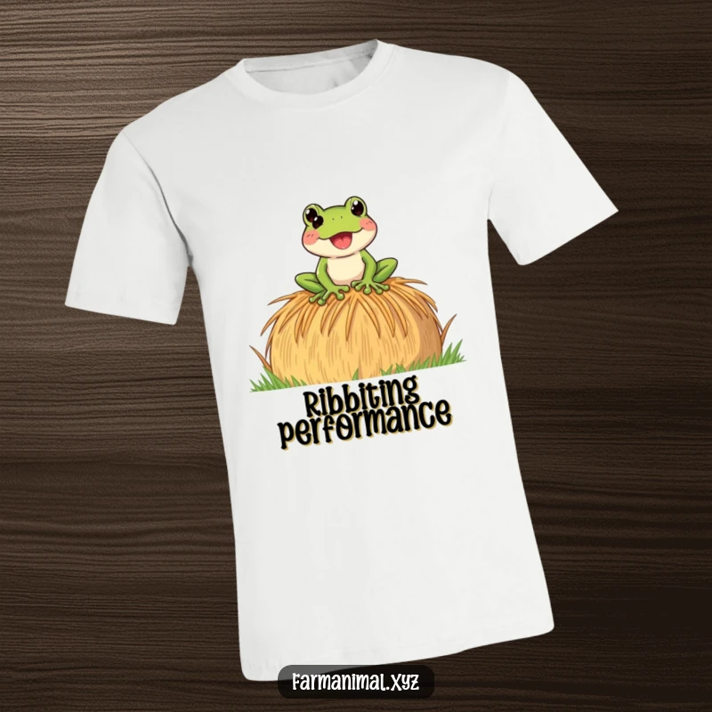 Funny Frog T-Shirt showcasing a playful frog croaking loudly from a hay bale, capturing a moment of loud, happy farm life.