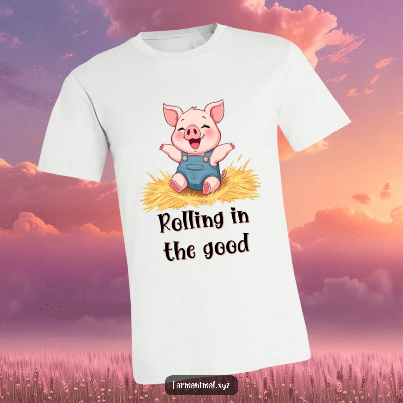 Funny piglet t-shirt featuring a happy piglet in overalls joyfully rolling in hay with pure delight.