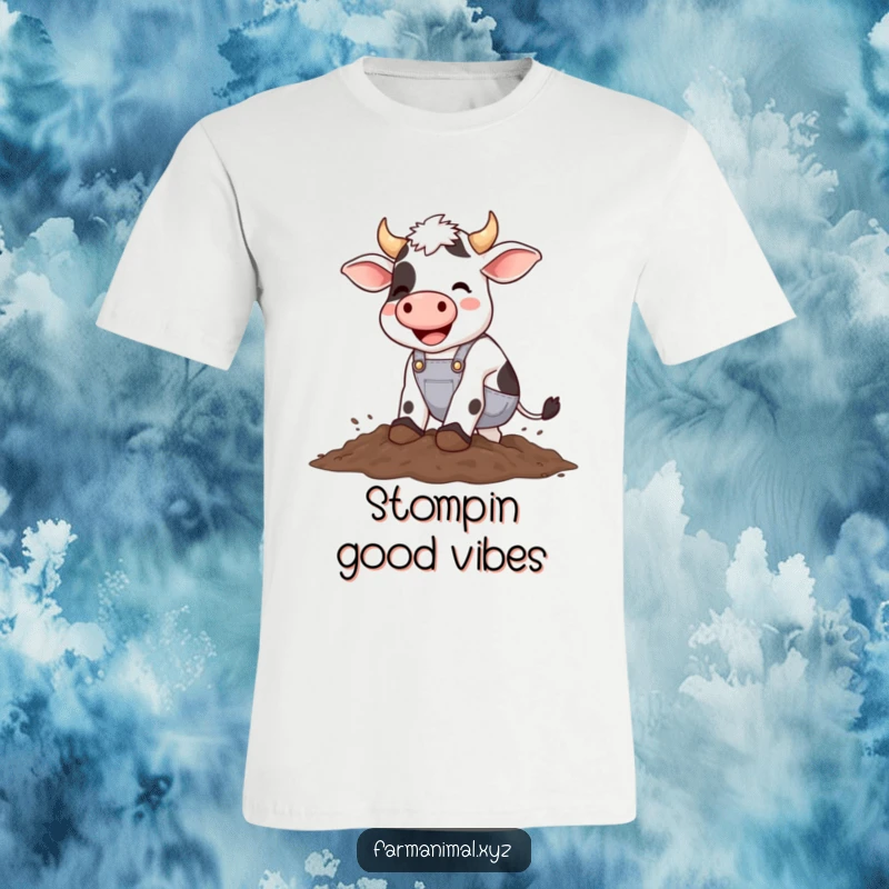 Funny cow wearing overalls happily stomping in mud, a humorous and playful t-shirt for cow lovers.