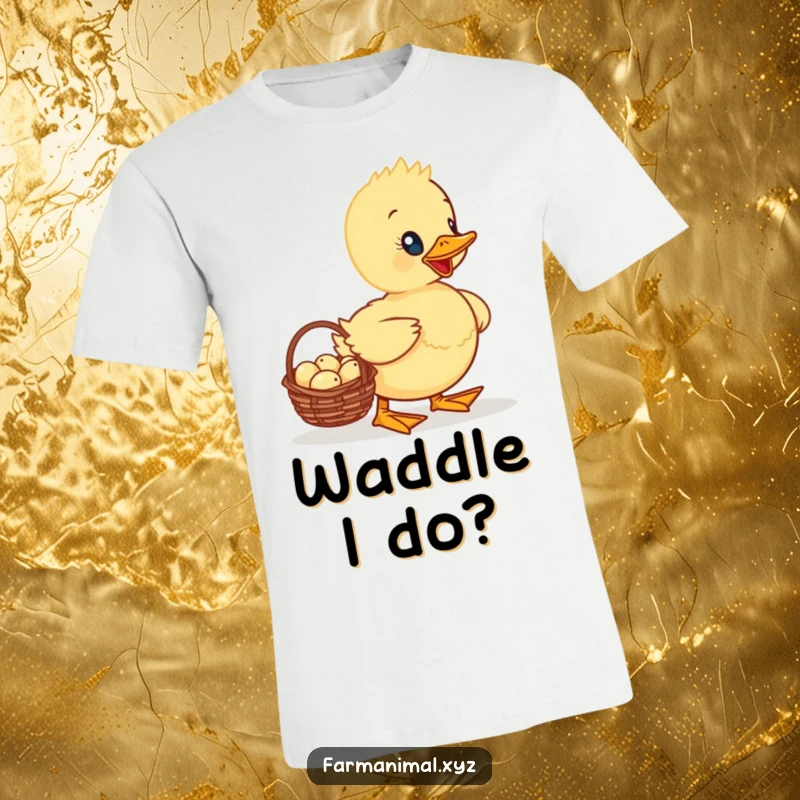 Funny Duckling T-Shirt featuring a determined duckling carrying a basket brimming with tiny eggs, a delightful sight for all.