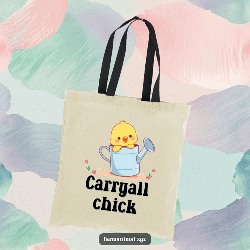 Funny chick pecking playfully at a giant watering can, a cute and functional tote bag for farm animal fans.