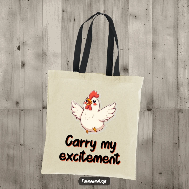 Funny Chicken Tote Bag: An excited chicken flaps its wings vigorously, perfect for carrying farm goodies and joy.