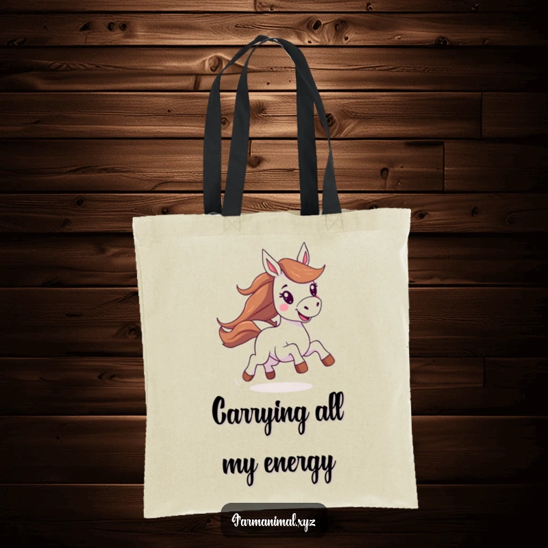 Funny horse tote bag featuring an energetic horse joyfully galloping, perfect for carrying daily essentials with a smile.