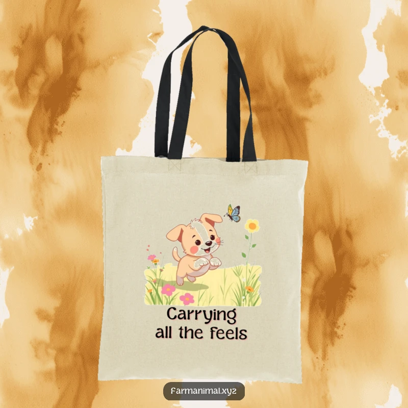 Funny puppy tote bag illustrating a happy dog chasing a butterfly in a sun-drenched meadow, symbolizing pure delight.