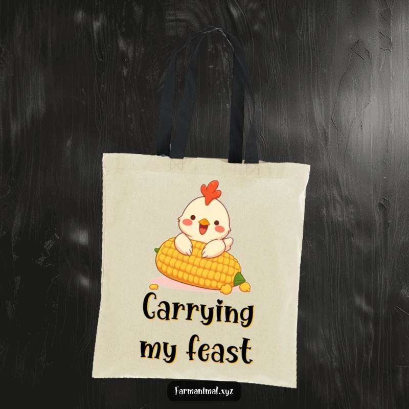 Funny tote bag with an excited chicken pecking at a giant corn cob, perfect for market runs.