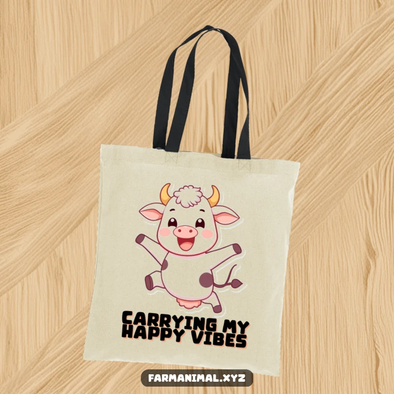 Funny jumping cow tote bag, joyfully leaping in a field, a spacious and humorous accessory for farm enthusiasts.