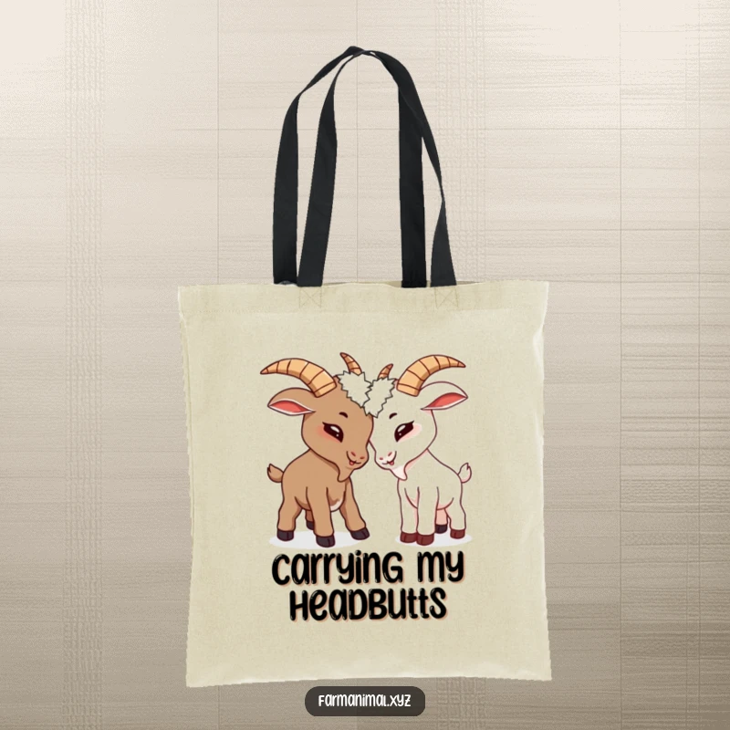 Funny goats butting heads on a tote bag, a humorous and practical accessory for farm enthusiasts.