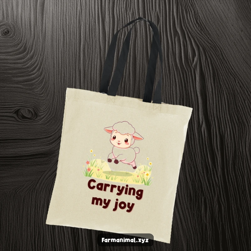 Funny lamb tote bag showcasing a playful character skipping through a meadow, ideal for carrying essentials with a dose of adorable humor.