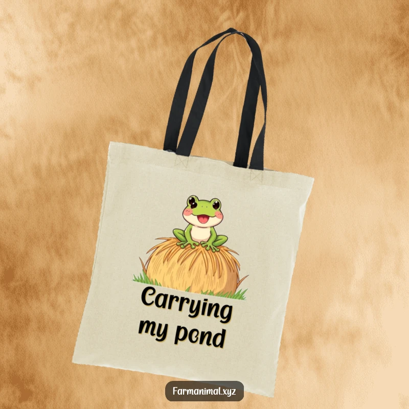 Funny Frog Tote Bag featuring a playful frog croaking loudly from atop a hay bale, perfect for carrying essentials with farm humor.