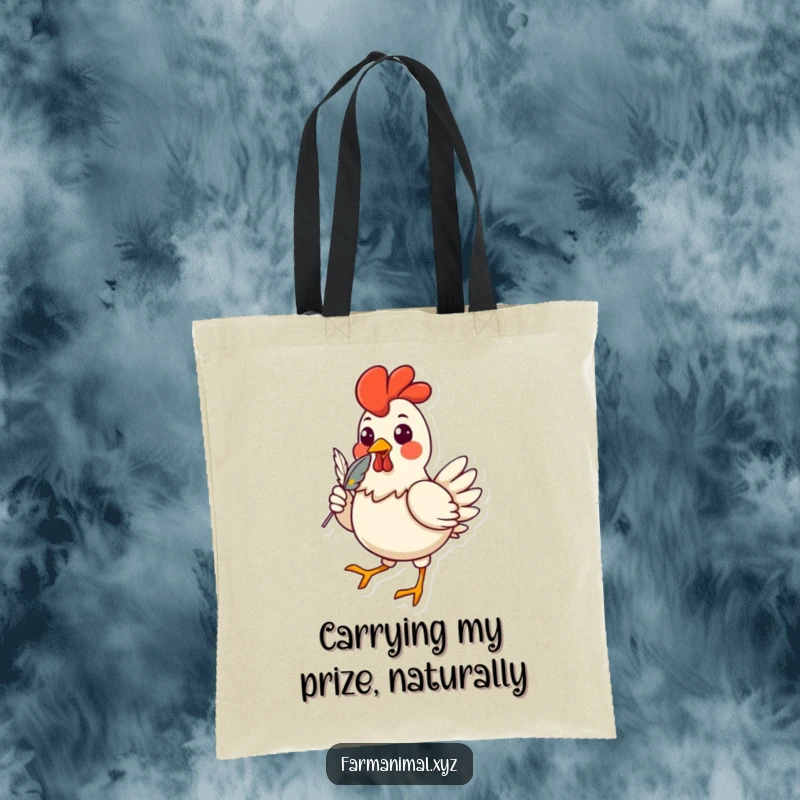 Funny chicken tote bag featuring a cheerful strutting character with a feather in its beak, perfect for carrying essentials with humorous flair.