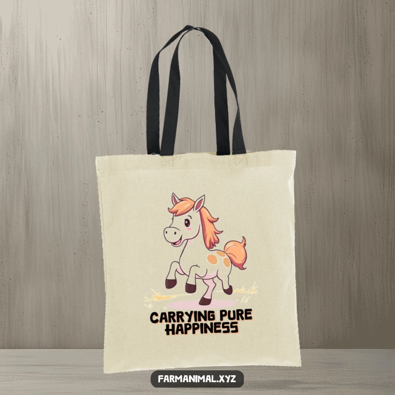 Funny Horse Tote Bag with a smiling horse kicking up its heels in a pasture, stylish and cheerful.