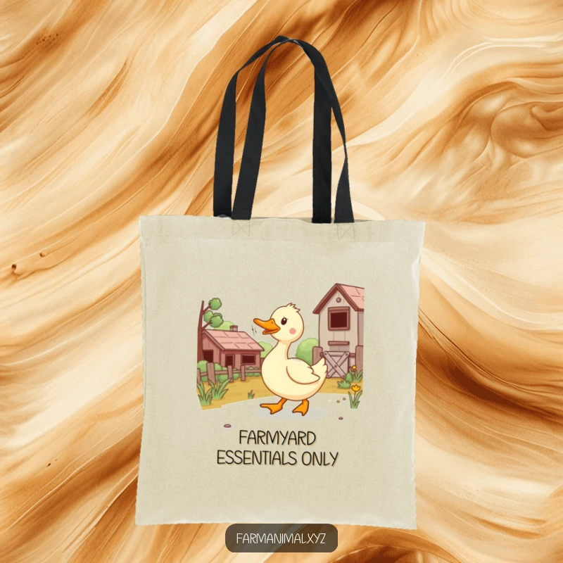 Funny duck waddling gleefully on a reusable tote bag, showcasing a charming farmyard scene and lots of humor.
