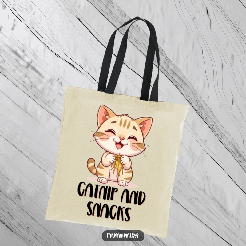 Funny Barn Cat Tote Bag featuring a smiling cat playfully batting at a dangling piece of hay, perfect for carrying essentials with farm humor.