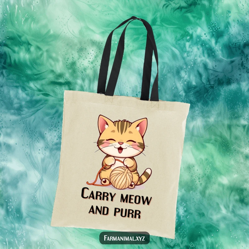 Funny Barn Cat Tote Bag with a playful cat batting a ball of yarn, stylish and amusing.