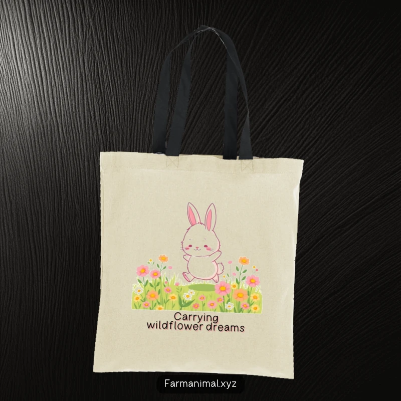 Funny bunny tote bag featuring a fluffy bunny character joyfully hopping through a field of wildflowers, perfect for carrying essentials.