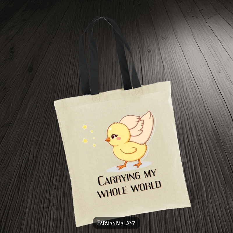 Funny chick walking behind its mother on a tote bag, a charming and humorous depiction of family.