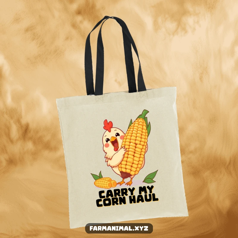 Funny tote bag with a cheerful chicken pecking at a giant corn cob, perfect for carrying items with farm humor.