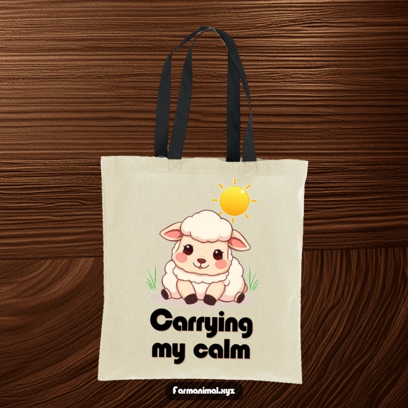 Funny sheep tote bag featuring a content sheep resting under a bright, sunny sky, perfect for everyday use.