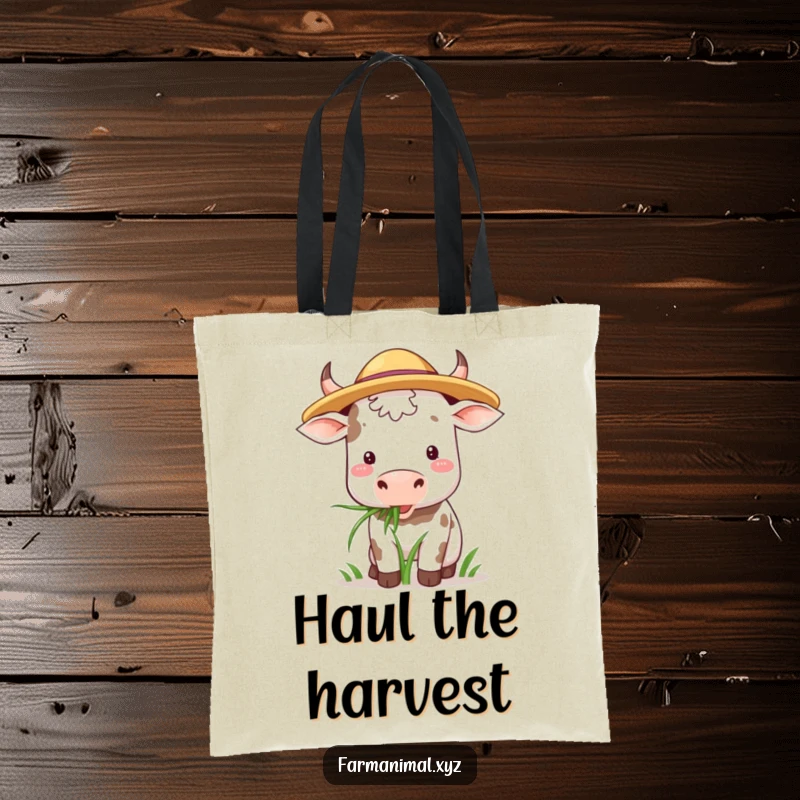 Funny Cow Tote Bag: A cow sporting a straw hat peacefully chews grass, ideal for carrying farm finds or groceries.