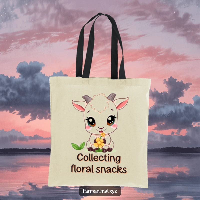 Funny goat tote bag featuring a curious goat with wide eyes, delicately nibbling a flower, perfect for daily use.