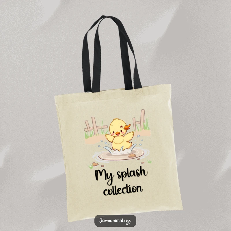 Funny duckling enthusiastically splashing in a barnyard puddle, a humorous and practical tote bag for duck lovers.